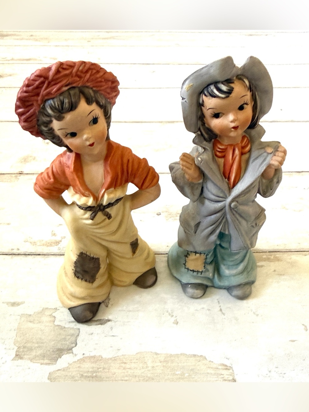 Vintage Little Country Girl 7in Figurine Toddler Kids In Farm Wear Set of 2